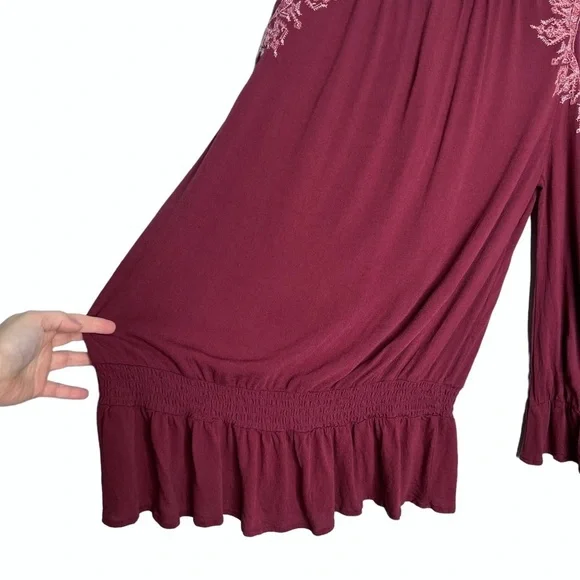 Alpha Amour Maroon Cold Shoulder Tassel Flare Sleeve Ruffle Hem Blouse - Picture 9 of 10